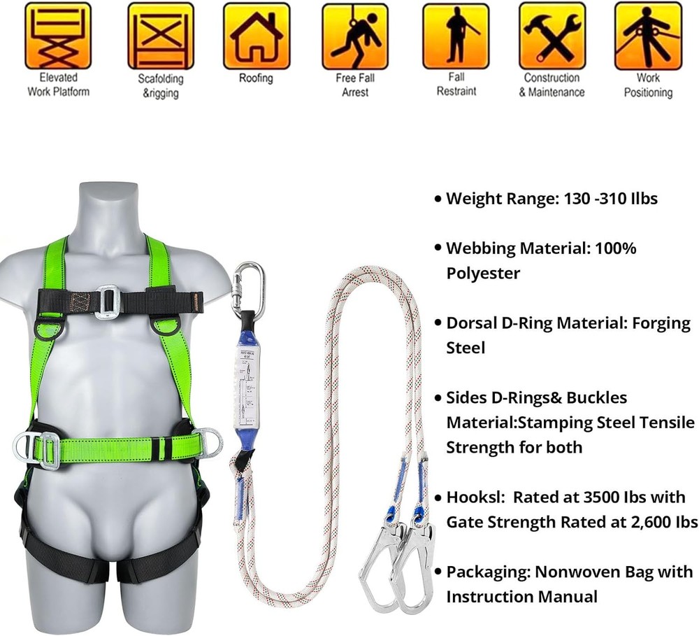 Safety Harness Fall Protection Kit - Full Body Roofing harnesses with Shock...