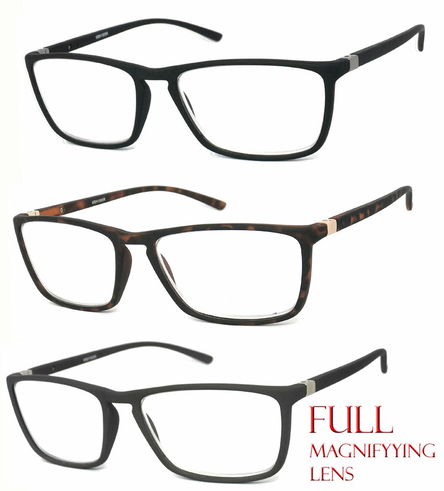 1 or 2 Pair Mens Fashion Rectangular Rubberized Frame Full Lens Reading Glasses
