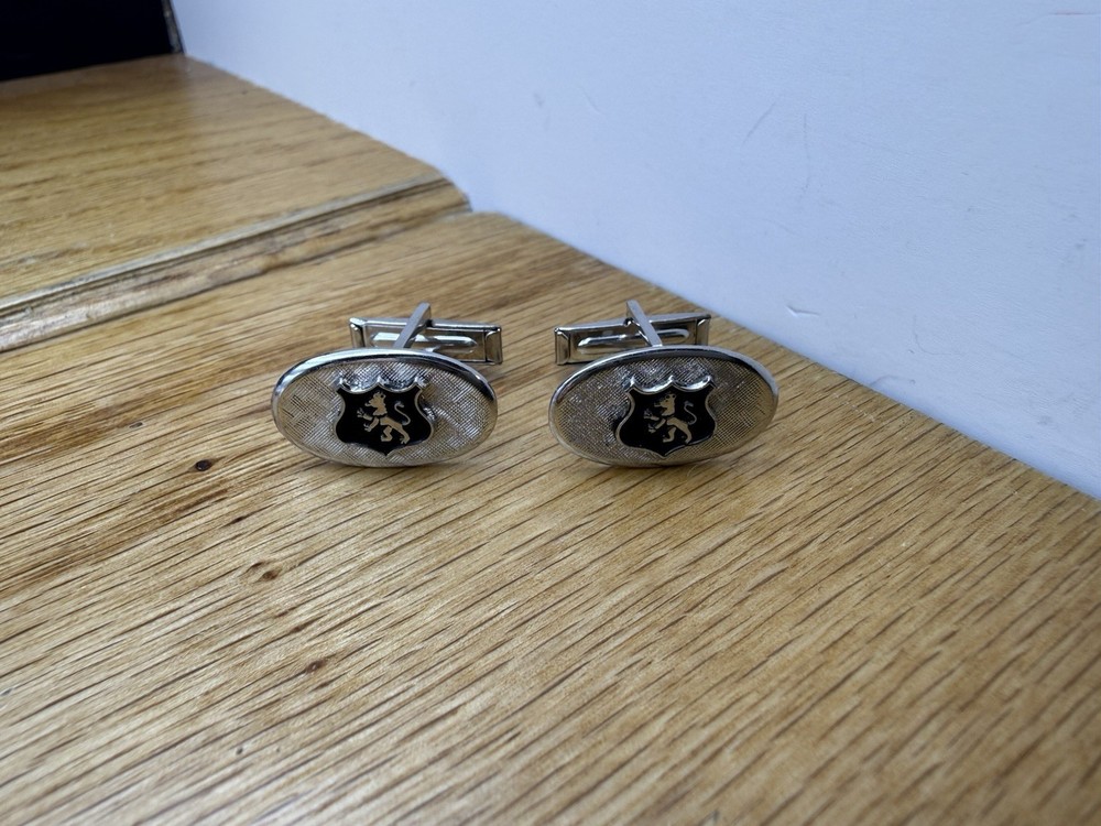 Men’s Silver Tone Cufflinks Black Dragon Front Oval