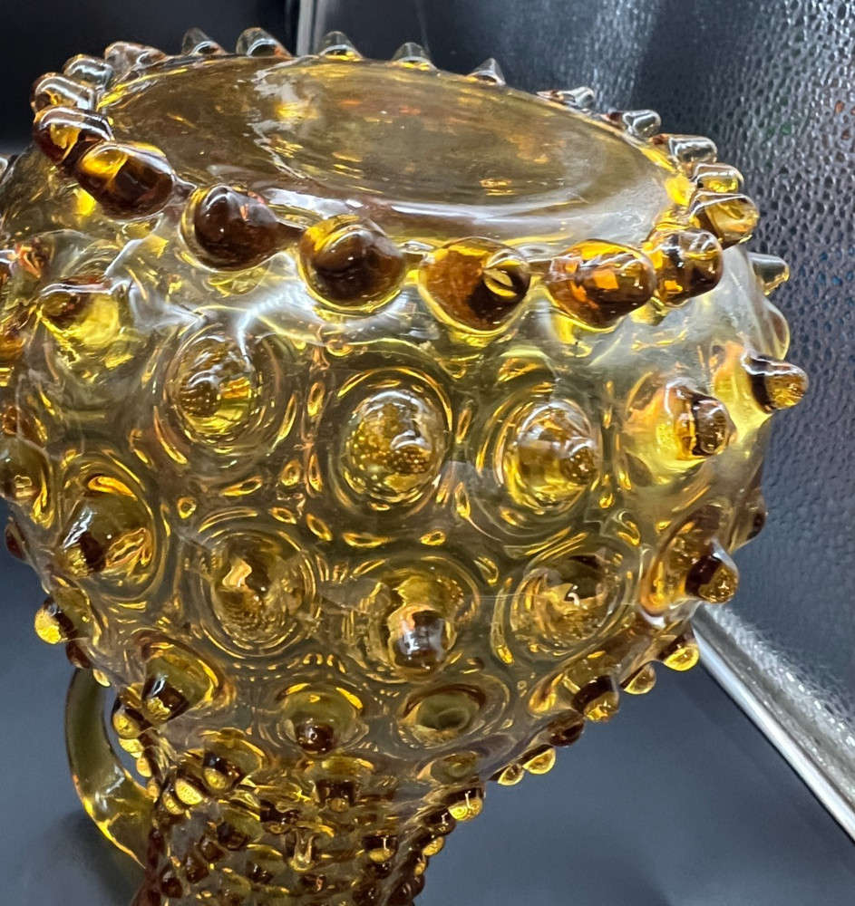 Tall Amber Hobnail Handle Pitcher 9"