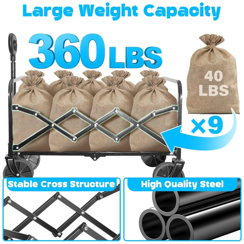 Wagons Carts Foldable,360lbs Collapsible Wagon Foldable Wagon with Wheels, Po...