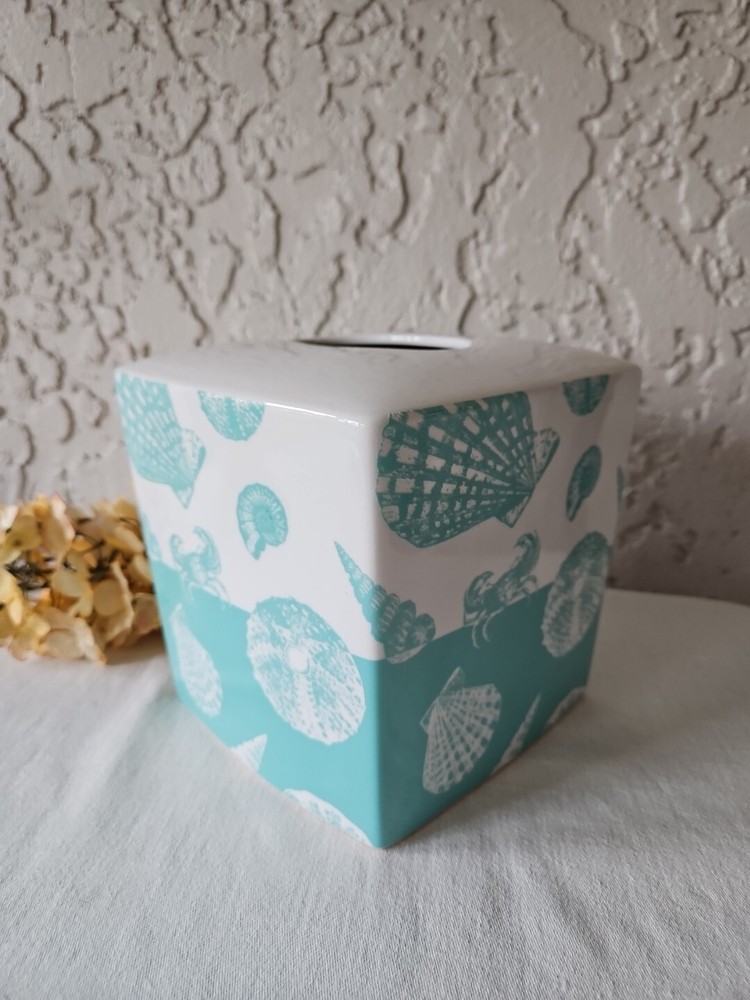 Ceramic Tissue Box Cover Beach House Seashell Crab Aqua White