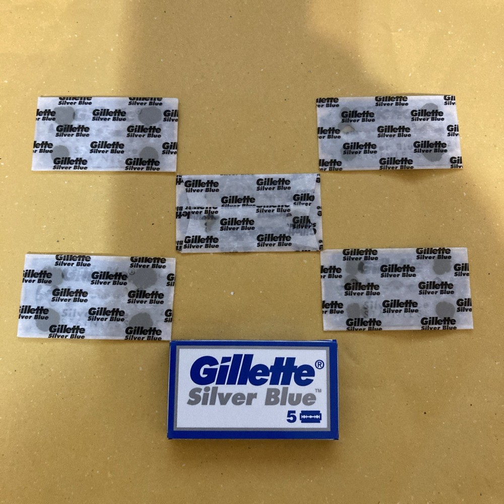 5  Double Edge Razor Blades, Gillette Silver Blue