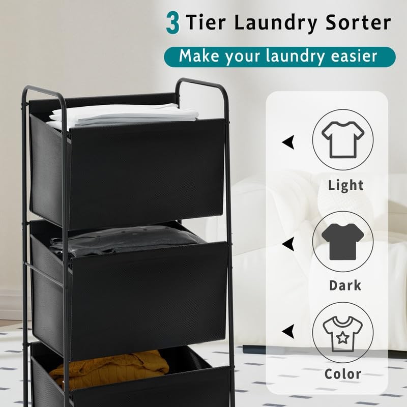 125L Vertical Laundry Hamper with Wheels, 3 Section Large Rolling Laundry Sor...