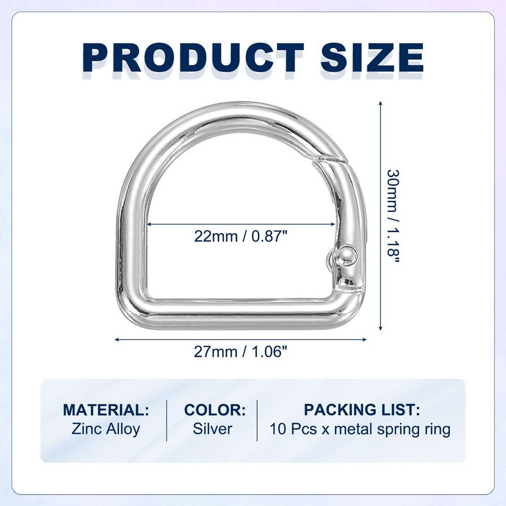 10 Pcs 27mm D Shaped Spring Snap Keychain Clip for Purses Silver