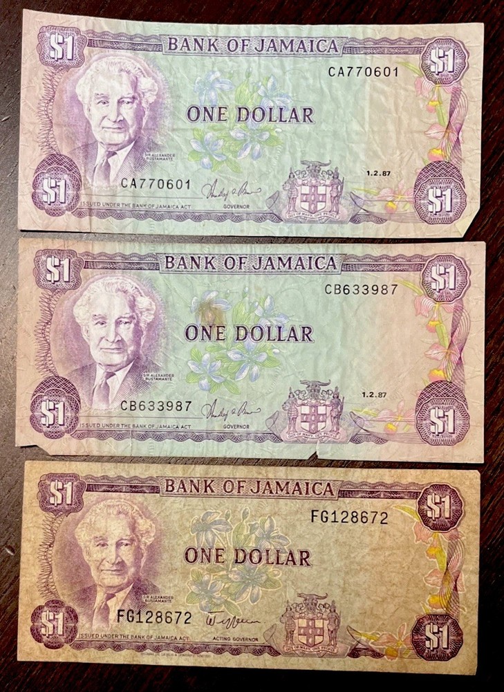 1982 $1 Jamaica 3 Banknotes