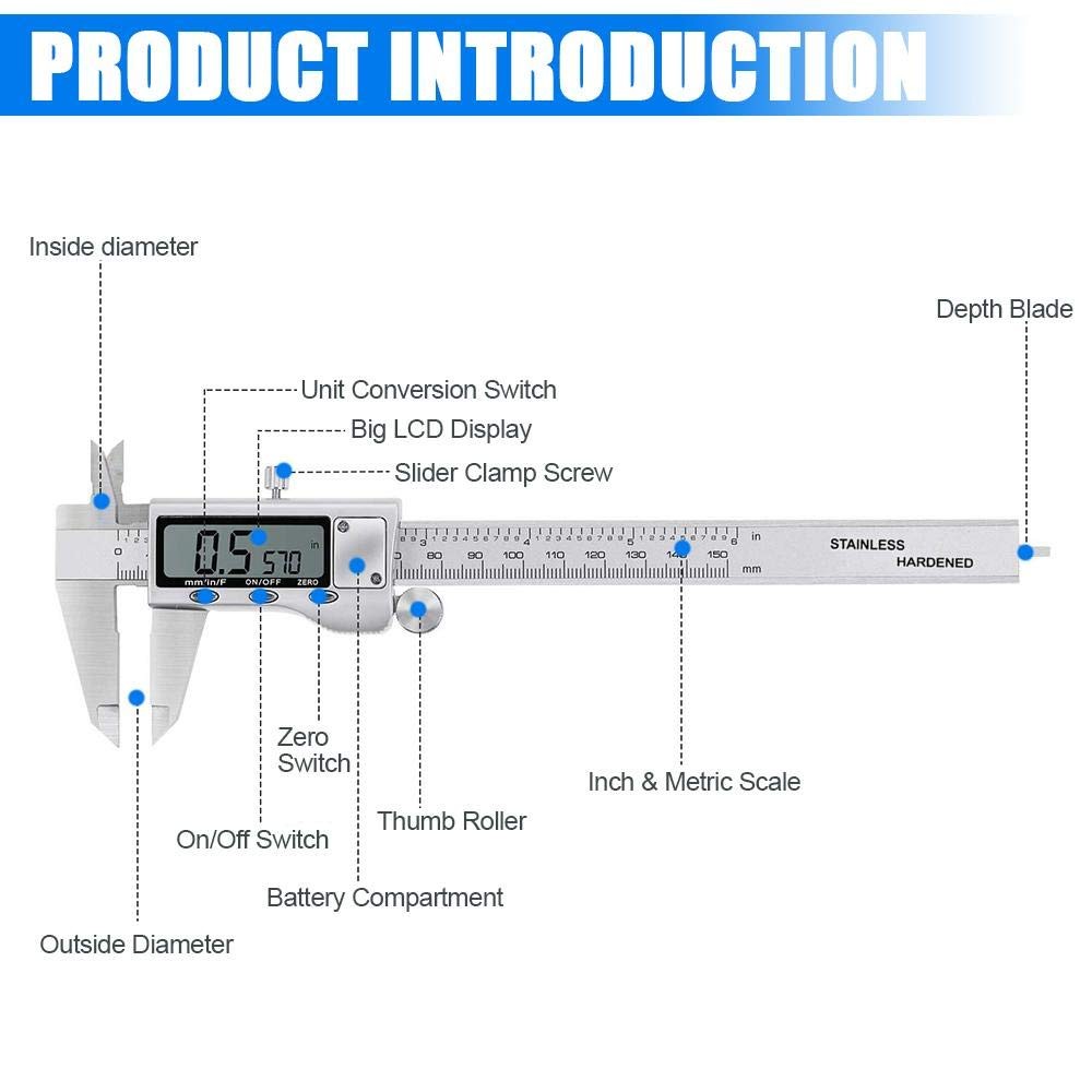 Digital Caliper Measuring Tool, Stainless Steel Vernier Caliper Digital Micro...