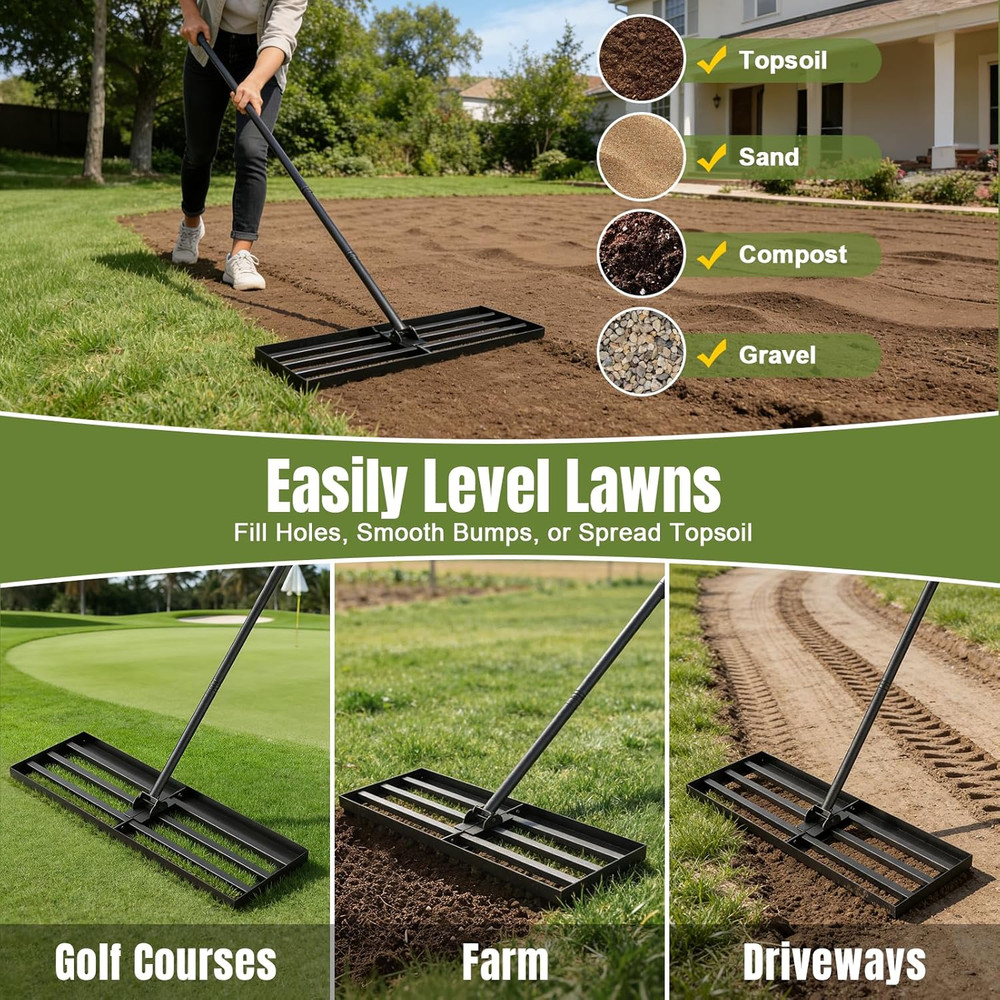 30" Lawn Leveling Rake with Adjustable Handle and Rotating Head, Steel Construct