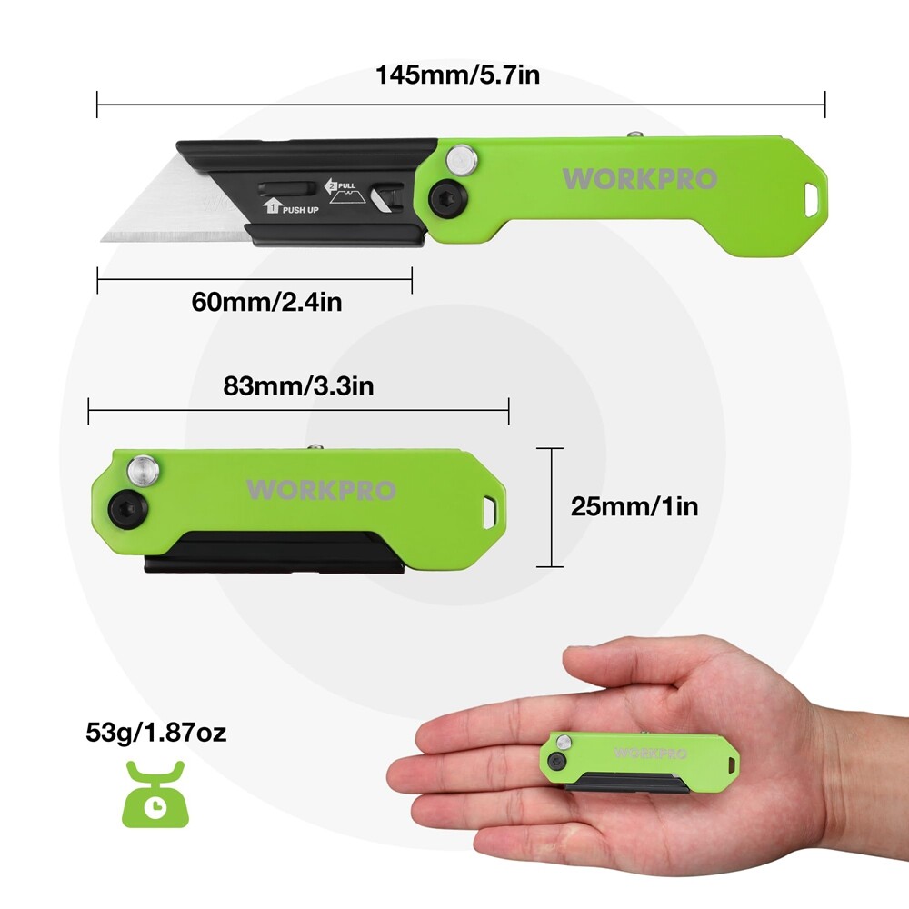 WORKPRO 2PC Mini Folding Utility Knife Box Cutter Quick Change Blade Razor Knife