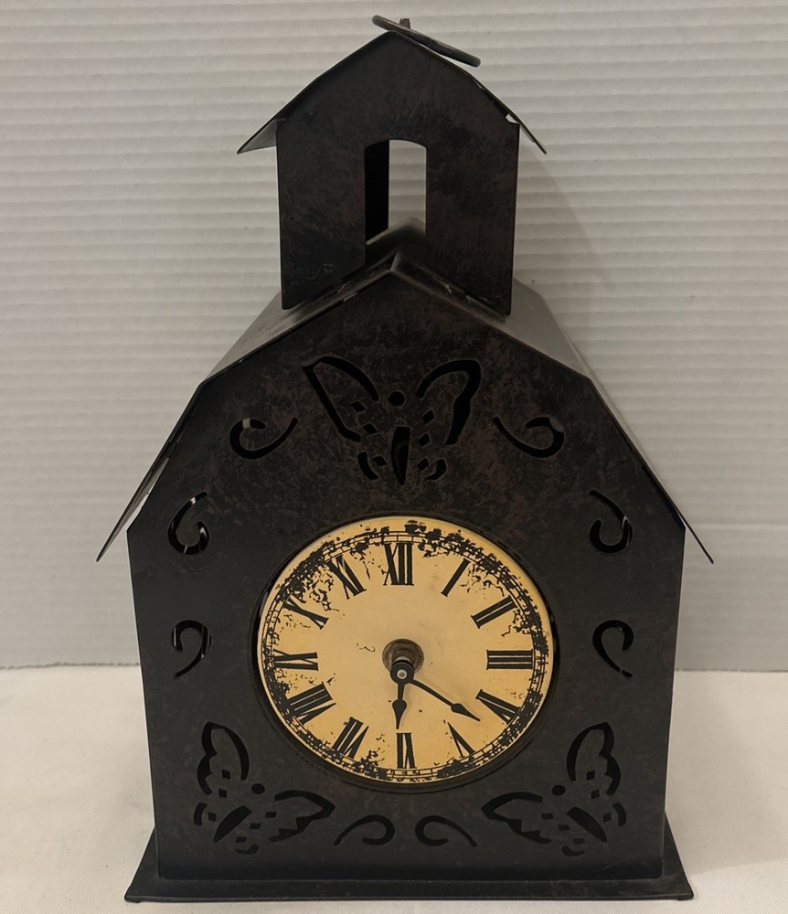 Vintage Style. Metal Barn Shaped Clock With Butterfly cut outs.