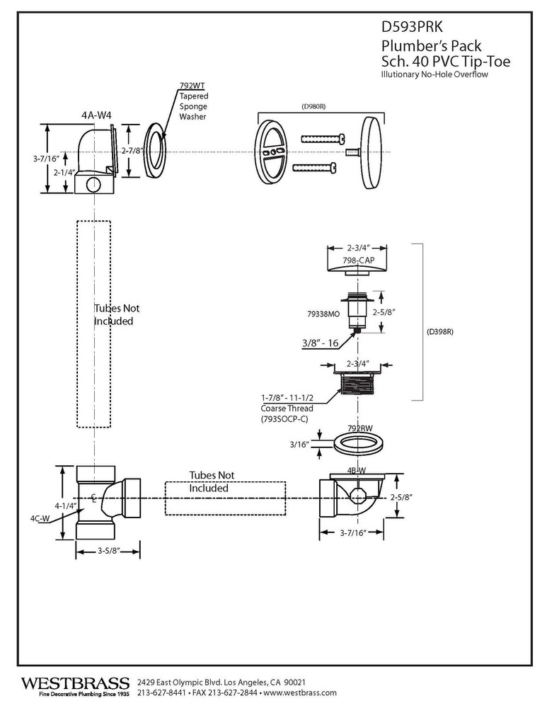 Westbrass D593PRK-18 Plumber's Pack Bath Waste Assembly with Tip-Toe Drain Pl...