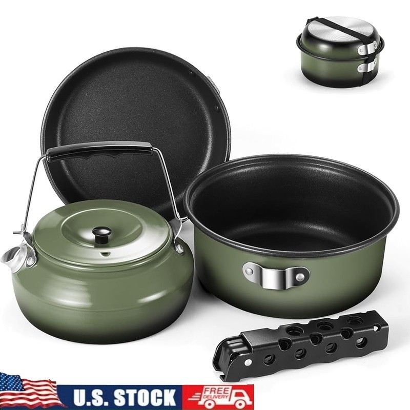 5pcs Camping Cookware Set Non-Stick Pot Pan Kettle Removable Handle Backpacking