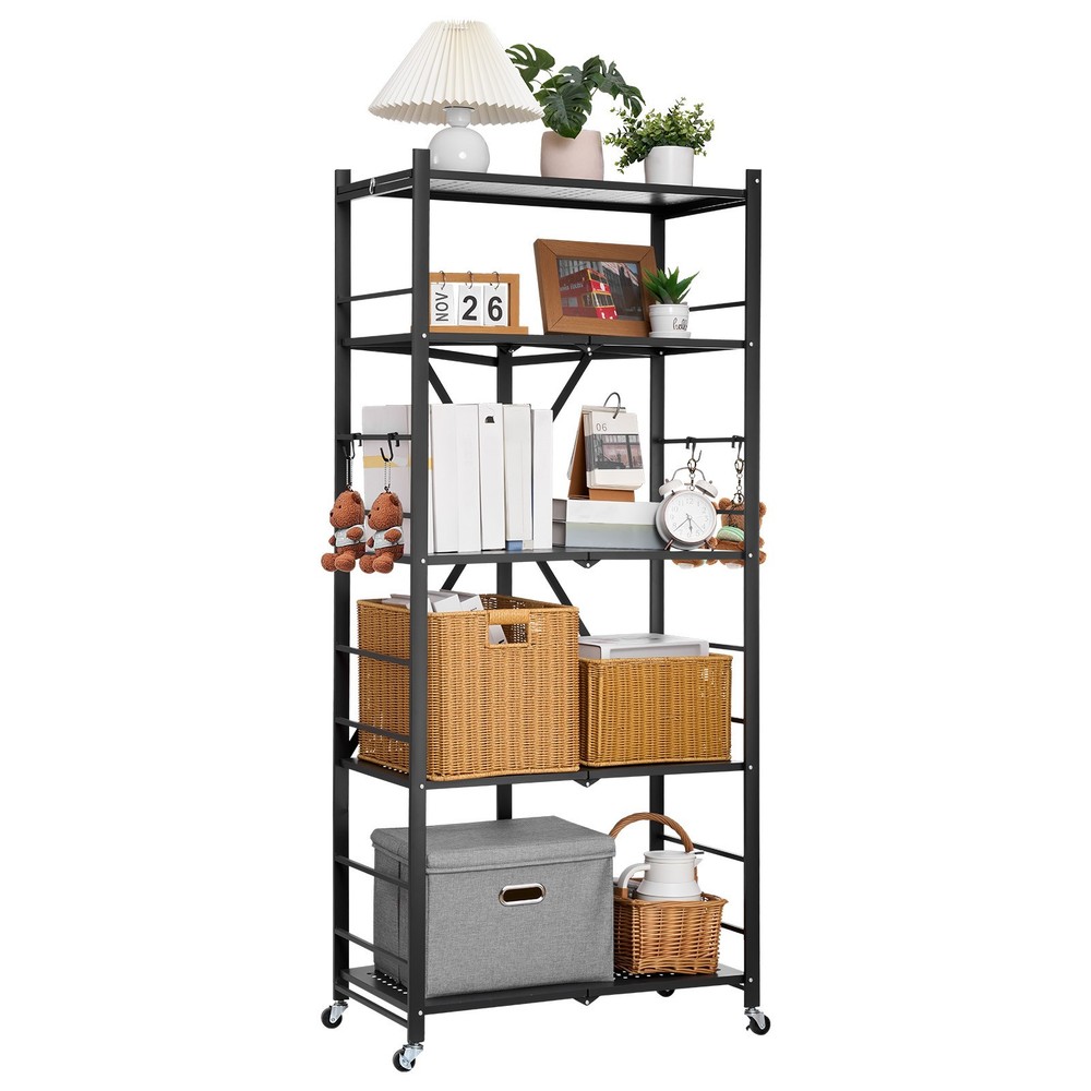 5-Tier Metal Rolling Shelf Black Space-Saving Storage Unit