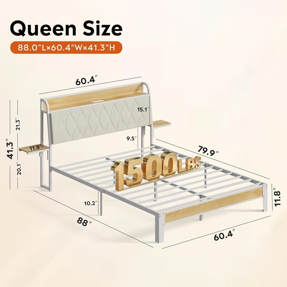 WLIVE Queen Bed Frame with Headboard, Upholstered Bed Frame with 2 Storage Shelv