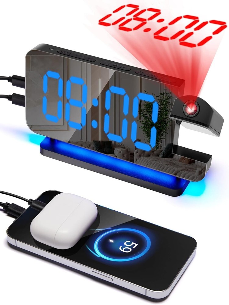 Projection Alarm Clock, Digital Clock with 180° Rotatable 3-Level Brightness