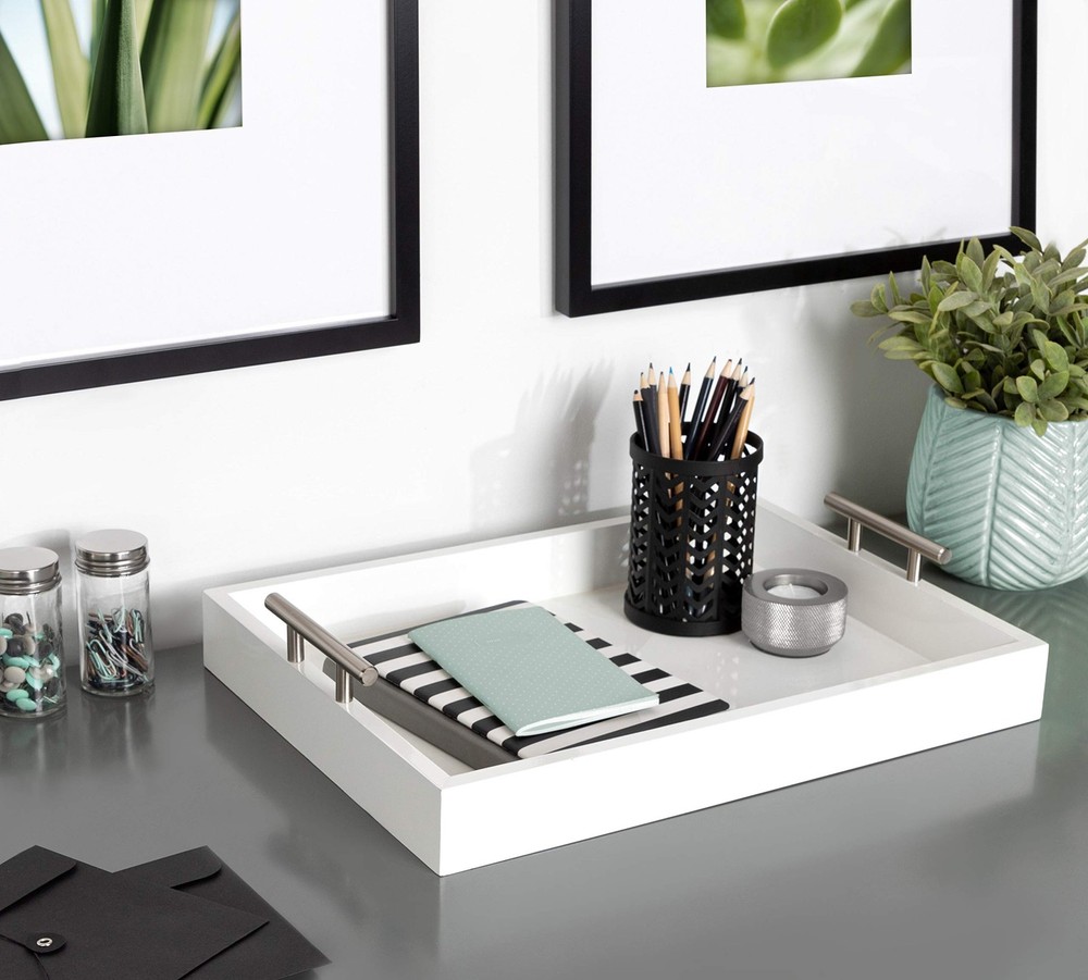Lipton Modern Rectangular Tray, 16.5 x 12.25, White and Silver, Decorative Ac...