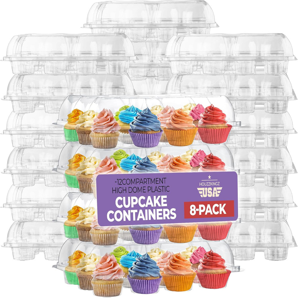 Plastic Cupcake Containers Boxes | 12 Compartment – 8 Pack | Disposable High Dom