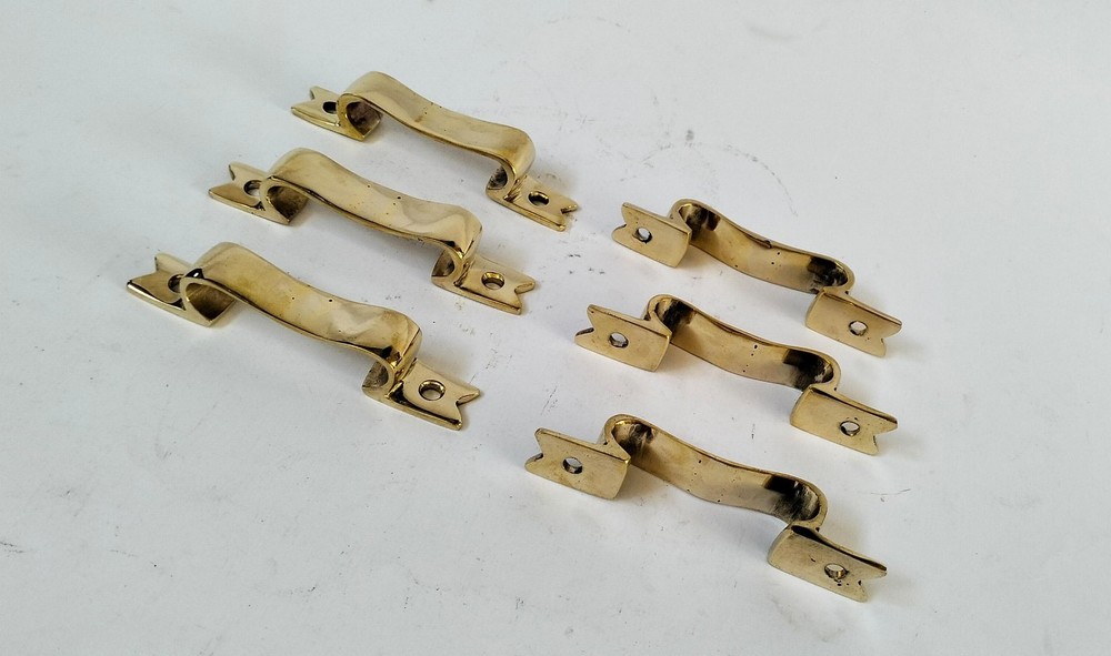 6 PULLS 4" handle heavy ribbon solid heavy brass old style kitchen GRAB 10 cm