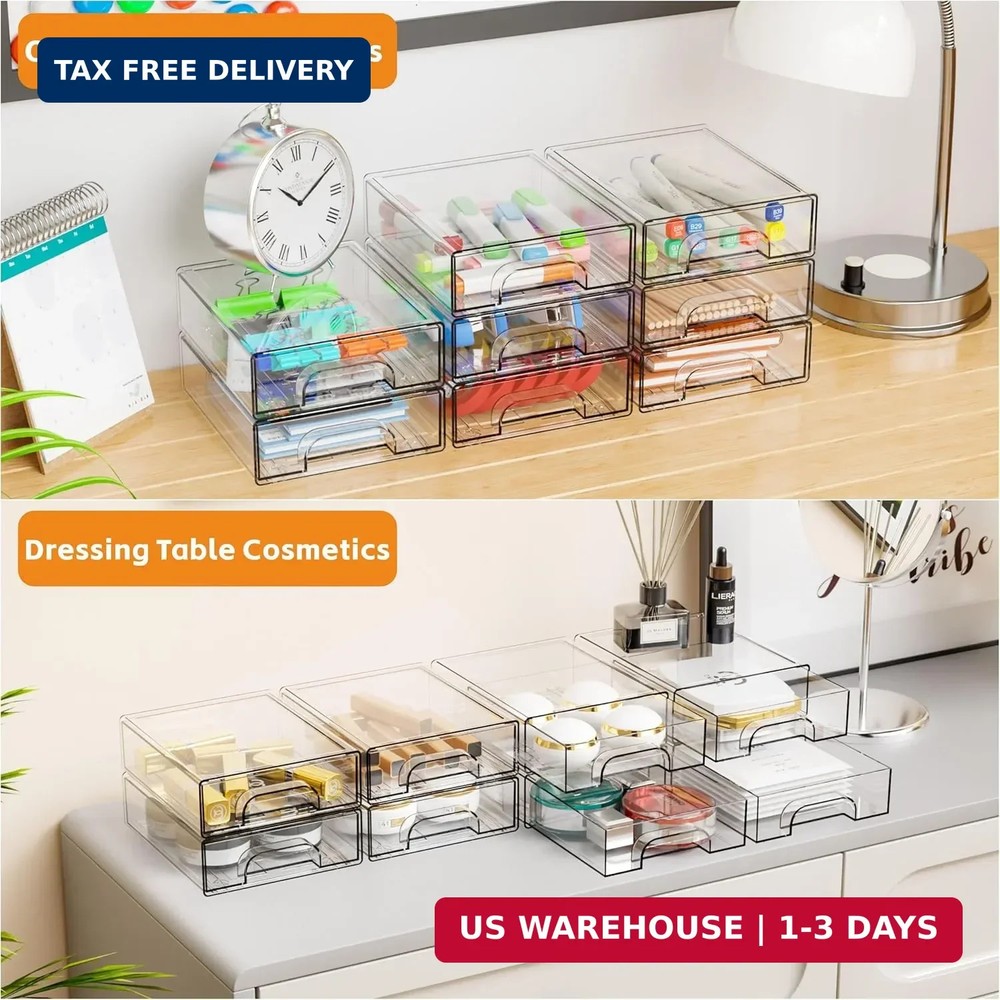 Yieach 2.2'' Tall Acrylic Clear Stackable Storage Drawer Organizer,8 Pack Desk O
