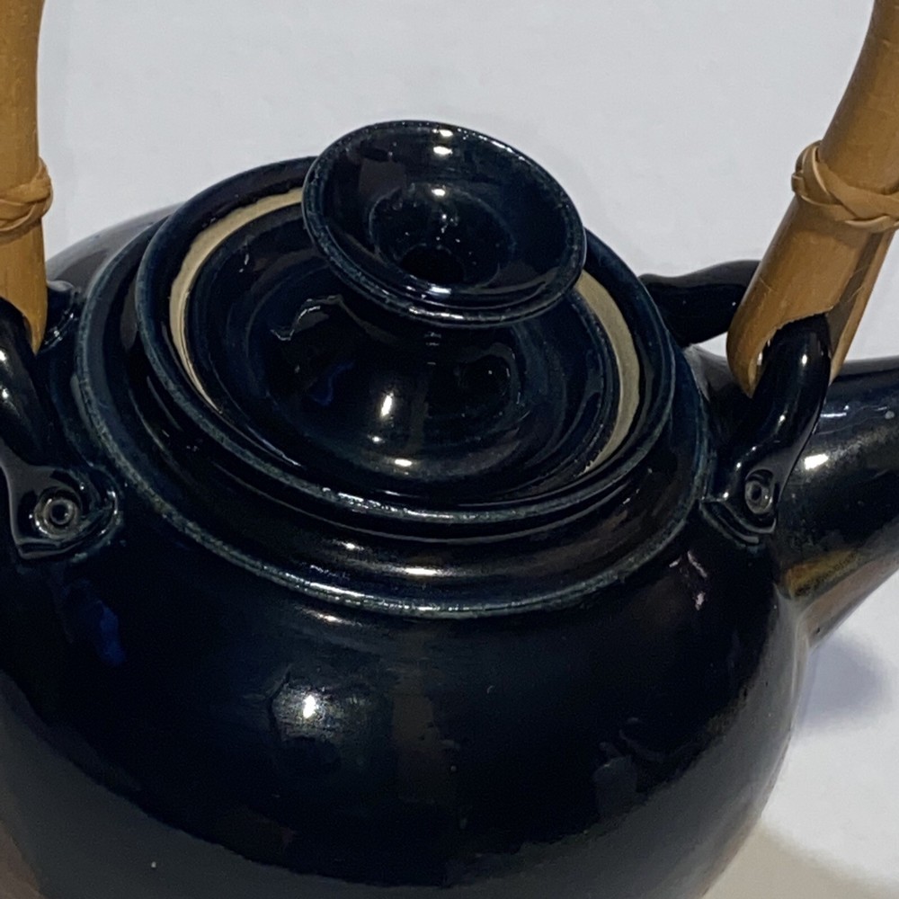 Teapot Signed Pottery Bamboo Handle Blue; Kitchen Decor