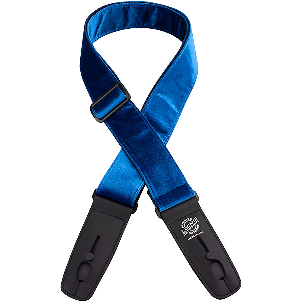 Lock-It Straps 2" Black Crushed Velvet Locking Technology Guitar Strap Blue