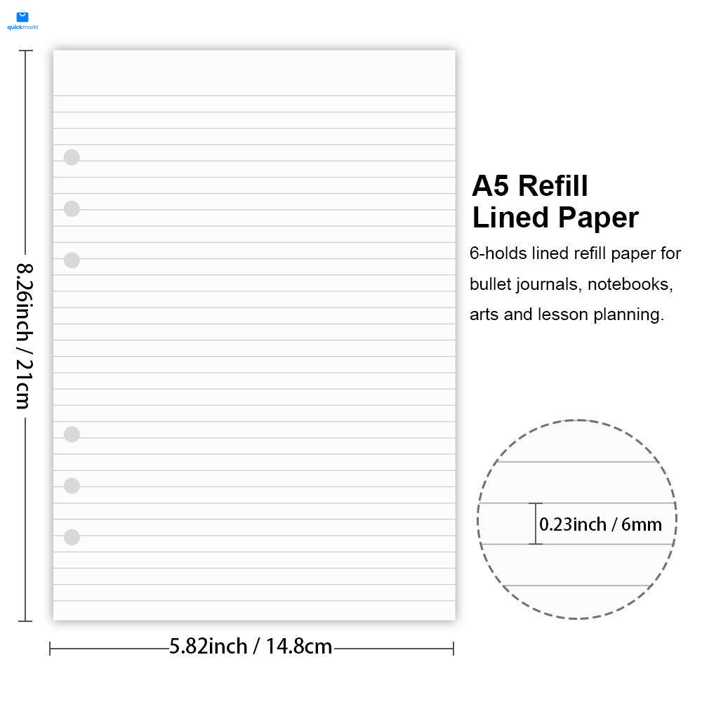 A5 Lined Paper, Refills for Filofax Planner, Organizer, 100 Sheets, White
