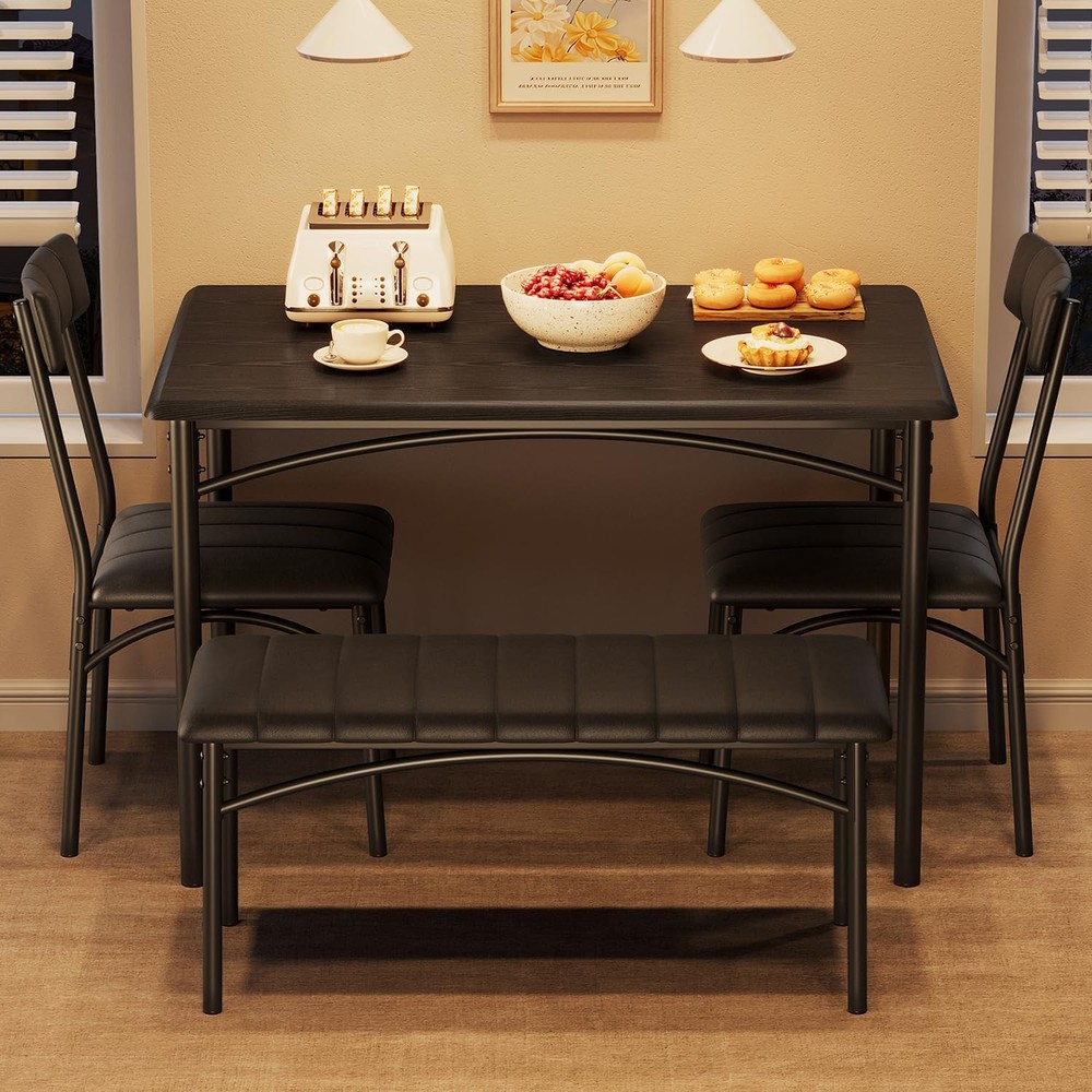 Dining Table Set 4 Kitchen Table W/ Upholstered Chairs & Bench Wood Rectangular