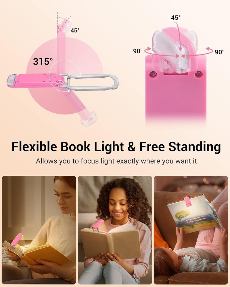 USB Rechargeable Pink Book Light - Adjustable Brightness for Cozy Night Reading