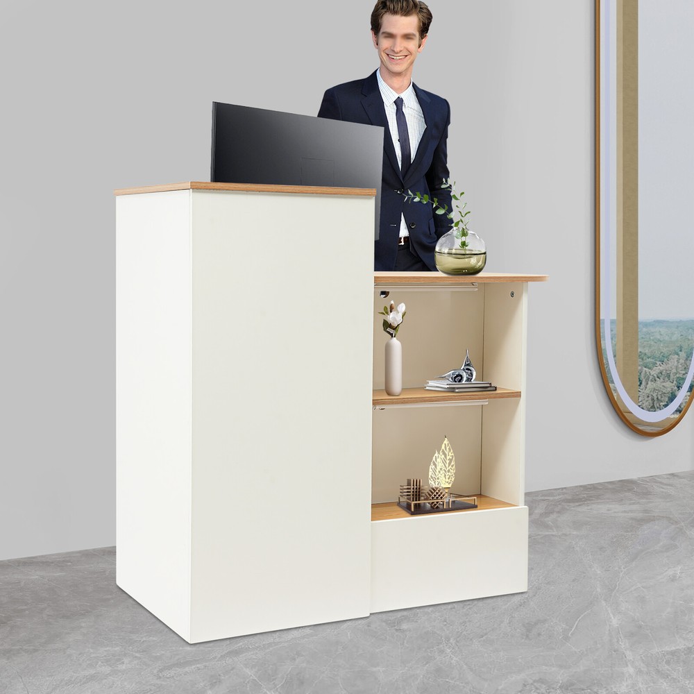 Reception Desk with LED Lights - Modern Office Front Counter & Storage