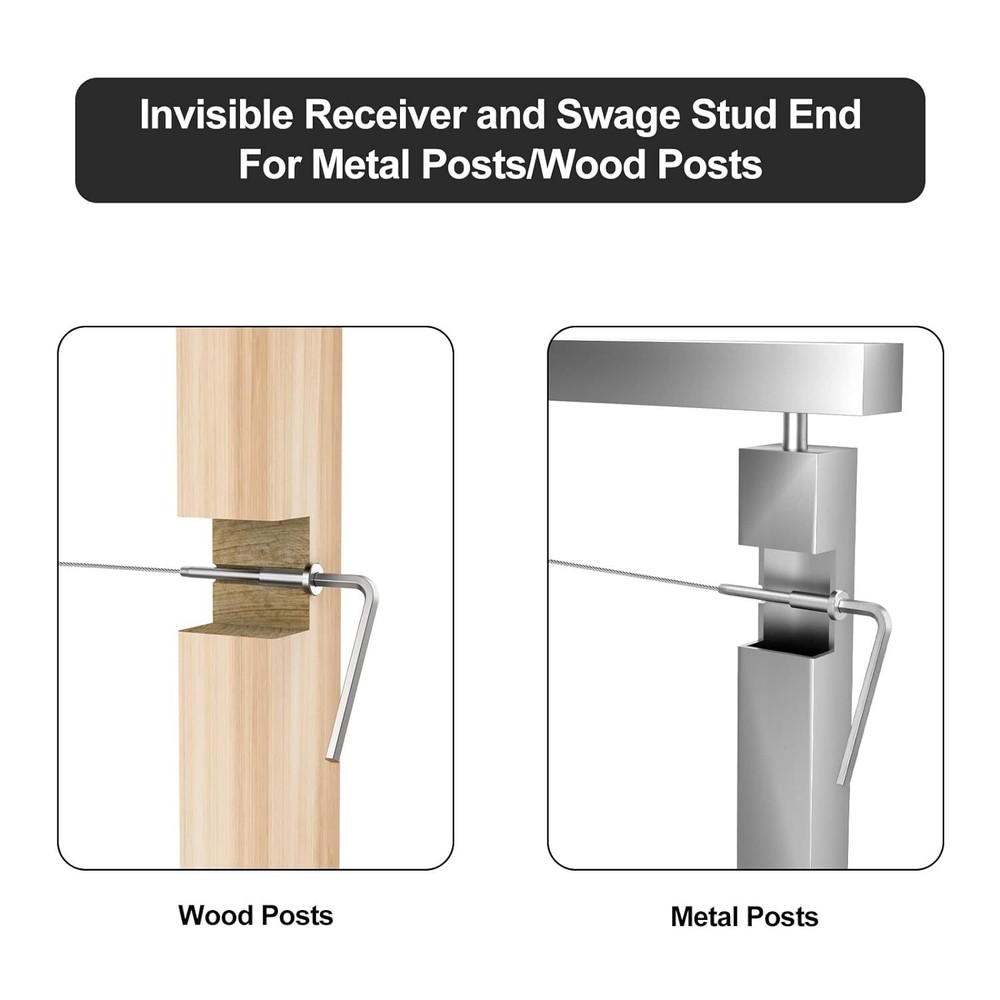 Invisible Cable Railing Kit T316 1/8"Receiver and Swage Stud End fo Post 40 Pack