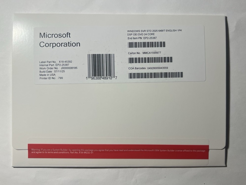 Microsoft Windows Server 2025 Standard 64Bit 24 Core DVD + Sealed Key (NEW)