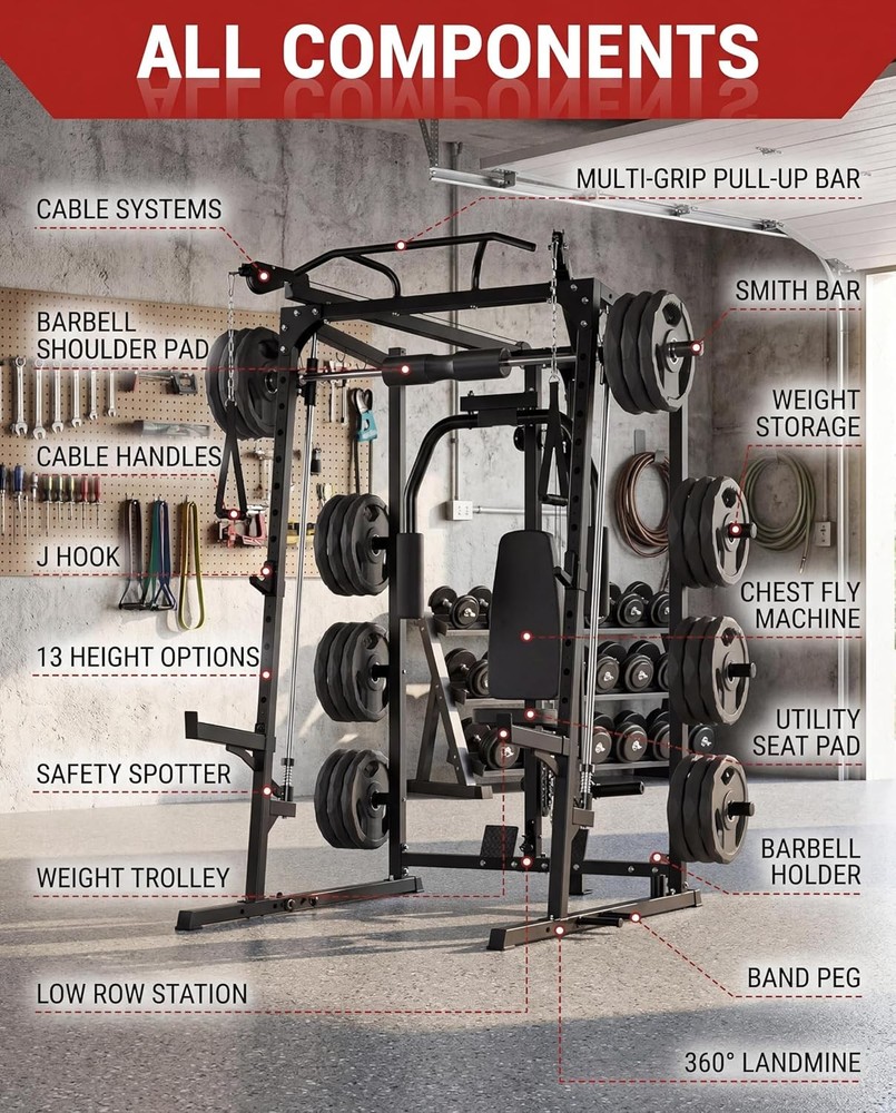 Smith Machine Home Gym System, 2000LBS Heavy Duty Power Cage Squat Rack