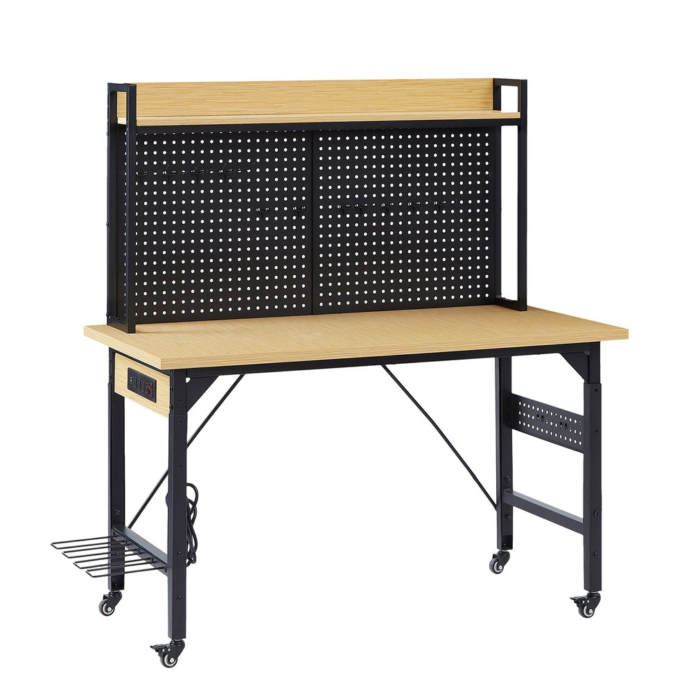 48''Adjustable Workbench w/pegboard,Heavy Duty Wooden Desktop Workbench w/Wheels