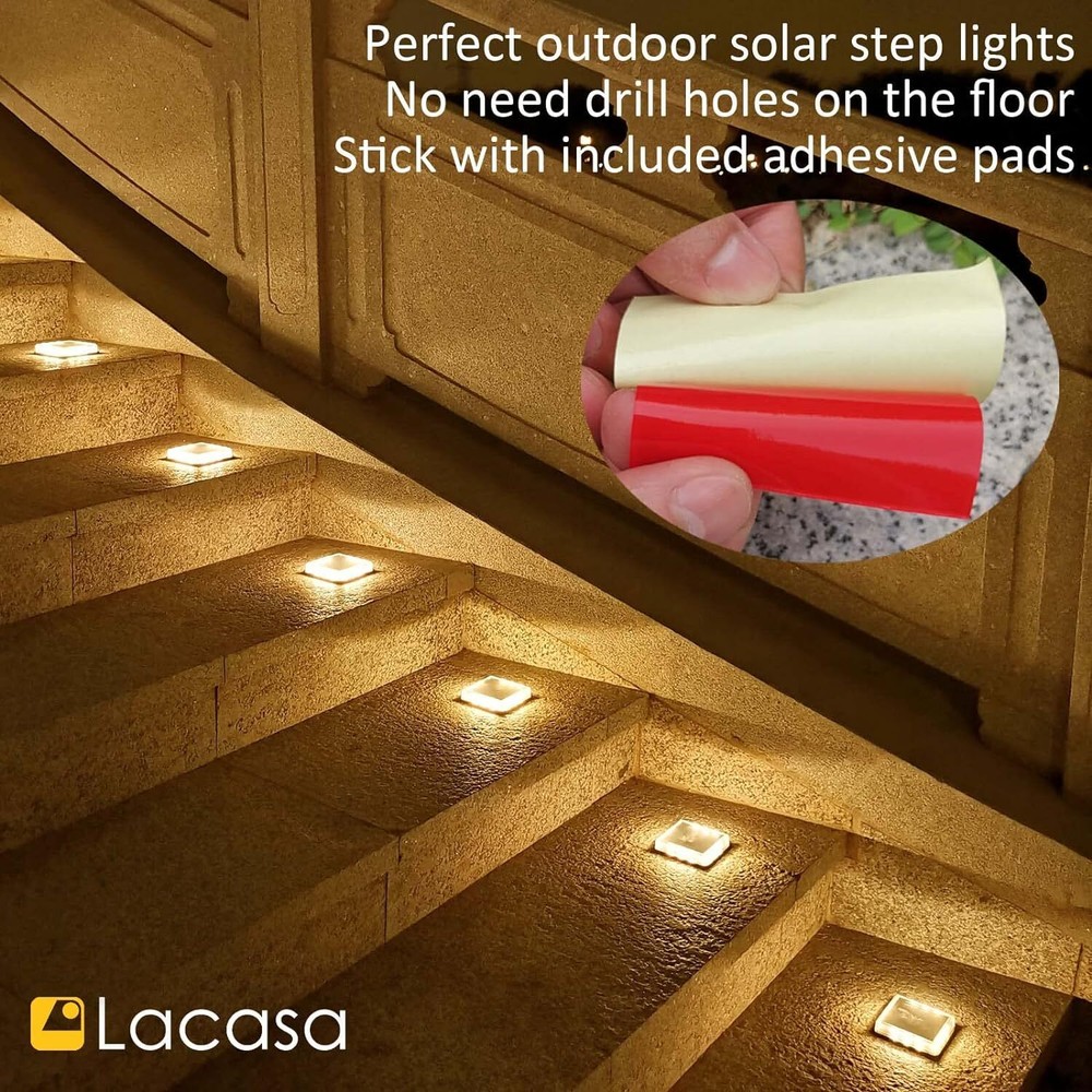 Solar Step Lights, 4-Pack 50LM 3000K Warm White LED Deck Square,