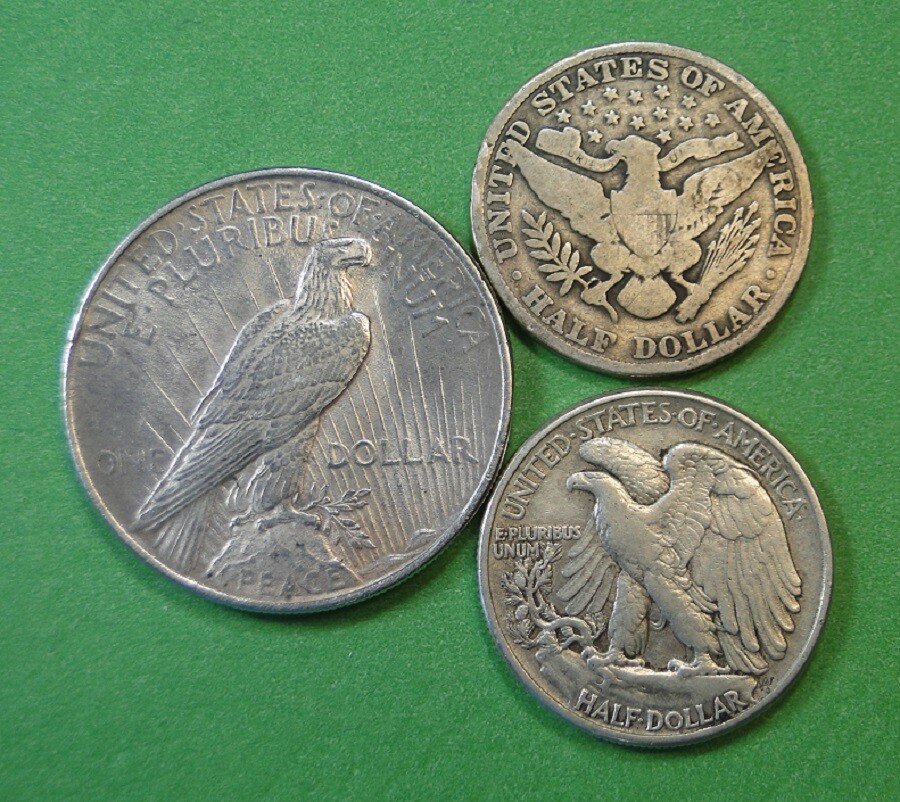 THREE (3) OLD 90% SILVER COINS ~ PEACE DOLLAR, BARBER HALF, WALKER HALF