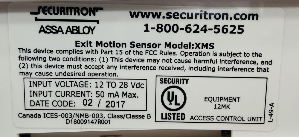 SECURITRON ASSA ABLOY XMS EXIT MOTION SENSOR D18009148R001
