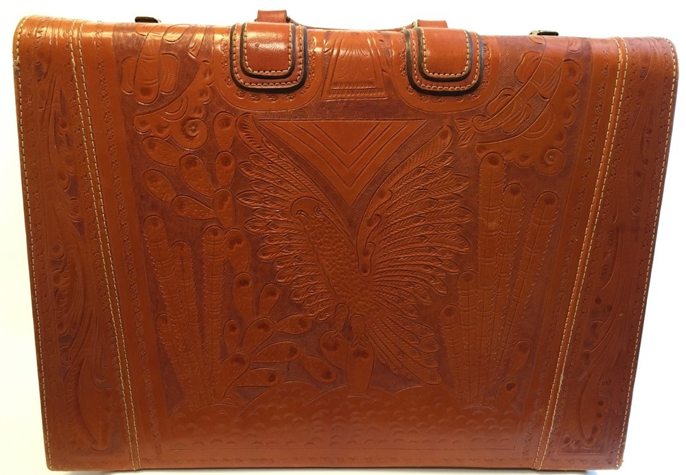 Mid-Century Hand Tooled Leather Suitcase made in Mexico
