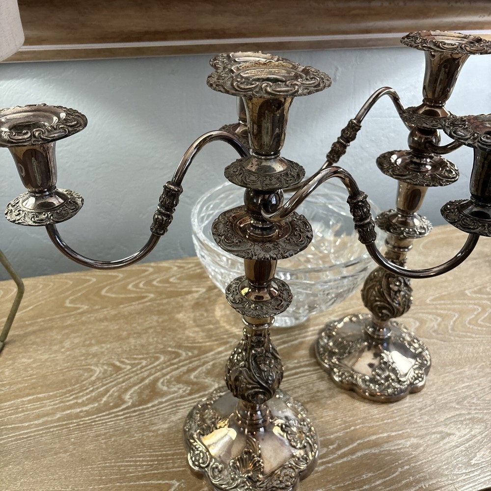 VTG Pair Sheffield Silver Co. 3 Light Candelabra Rococo Style Silver