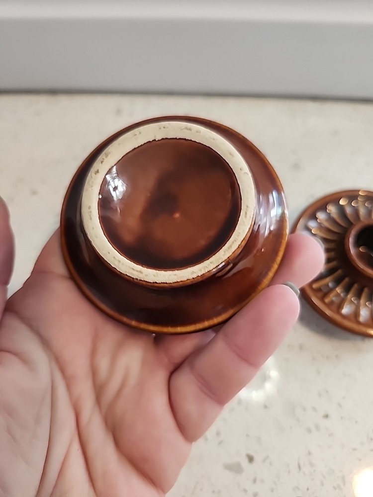Vintage Stoneware Candle Holder Pair Brown