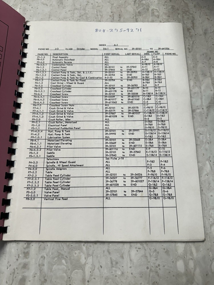 DoAll Model D6-1 Surface Grinder Replacement Parts Catalog Manual