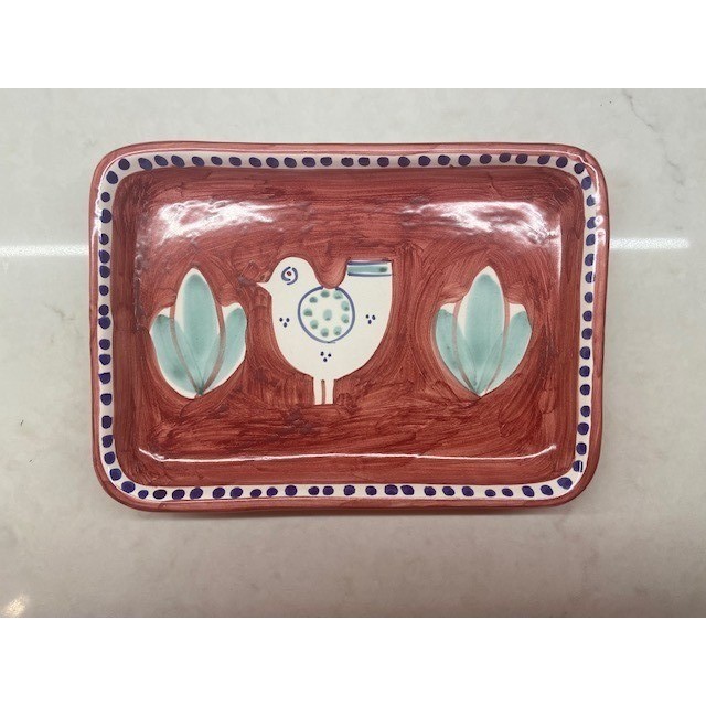 Solimene Vietri Italy Ceramic Bird Tray Hand Painted Rectangular Red 8 Inch
