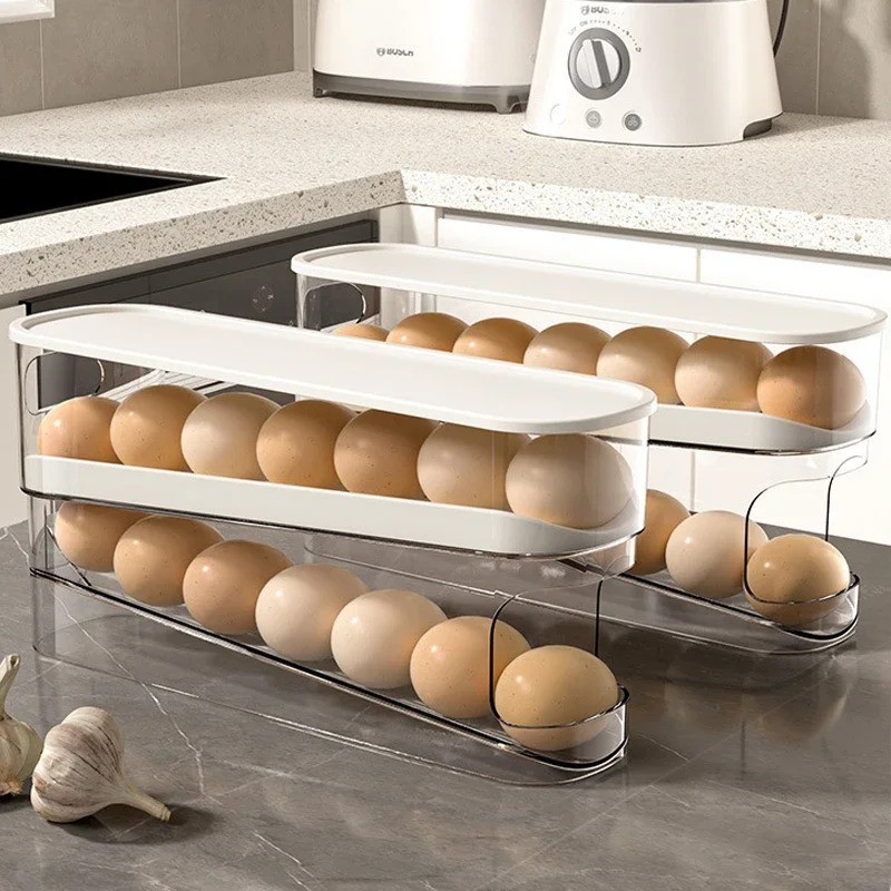 Double Layer Automatic Egg Roller Fridge Door Holder Kitchen Organizer