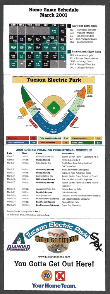 2001 DIAMONDBACKS & WHITE SOX  Circle K  Spring Training  POCKET SCHEDULE  NM
