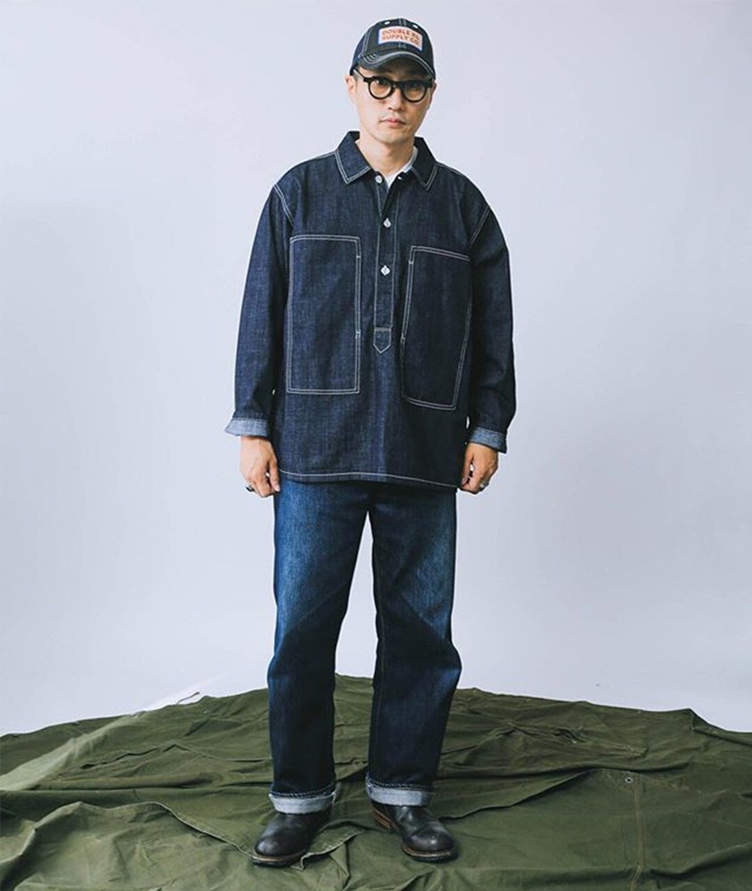 Men Vintage Spring Summer Blue Denim Work Uniforms Loose Pullover Shirts Jacket
