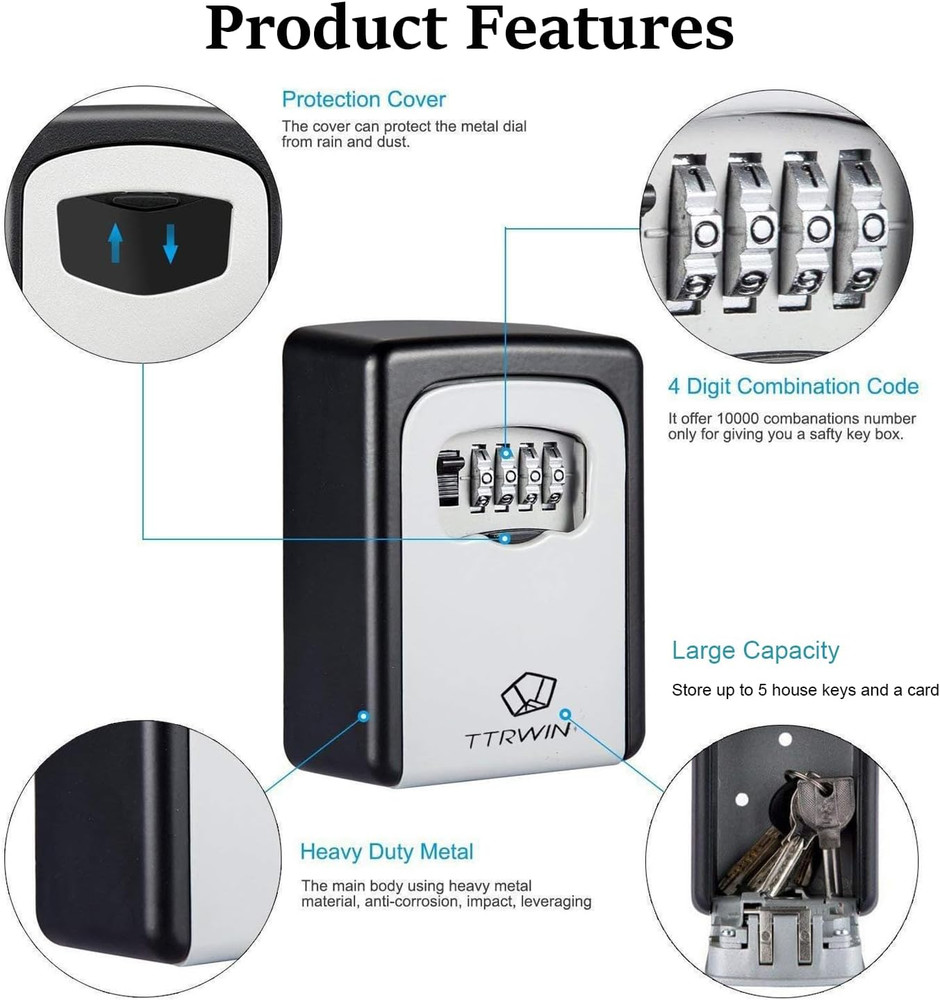 Key Lock Box for Outside, Resettable 4 Digit Combination Waterproof Lockbox, Key