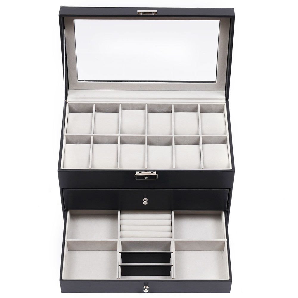 3 Layer Sunglasses Organizer Watch Display Case Leather 3 Layers 24 Slots