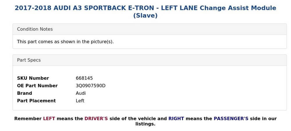 2017-2018 AUDI A3 SPORTBACK E-TRON - LEFT LANE Change Assist Module (Slave)