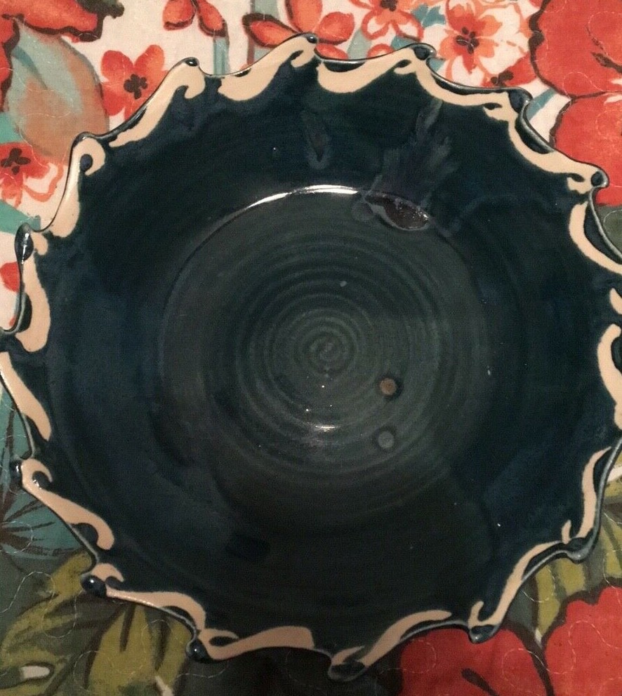 Handmade Pottery Blue Dish with Wave Pattern