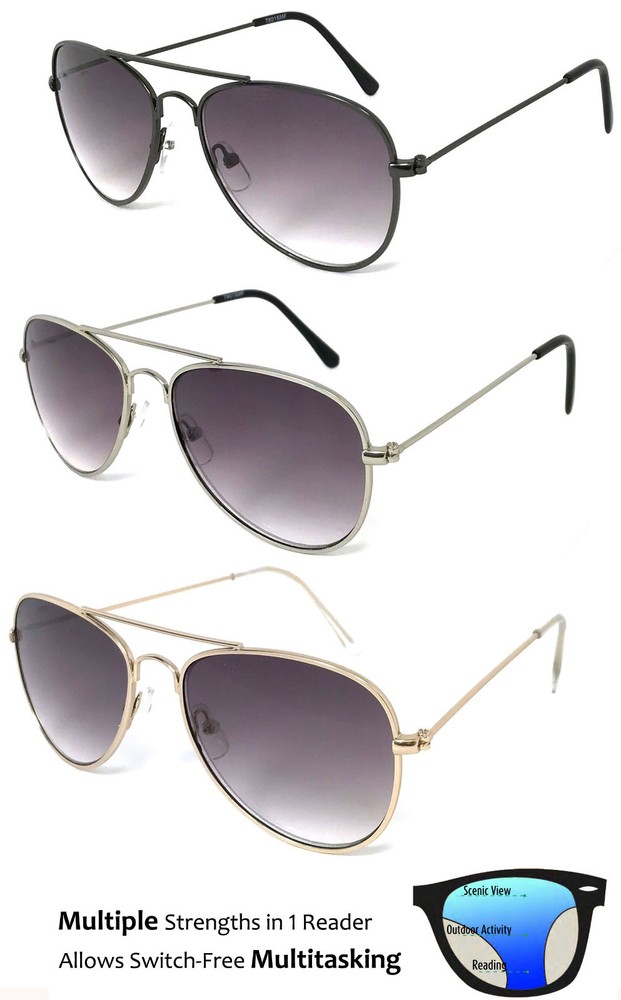 SMALL Pilot Multi Focus Progressive Reading Sunglasses 3 Strengths in 1 Reader