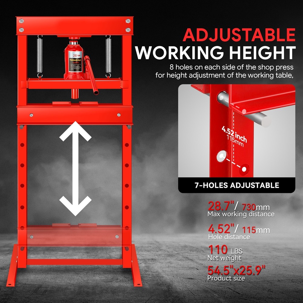 20 Ton Hydraulic Shop Press H-Frame Bearing Press Adjustable Benchtop Work Table